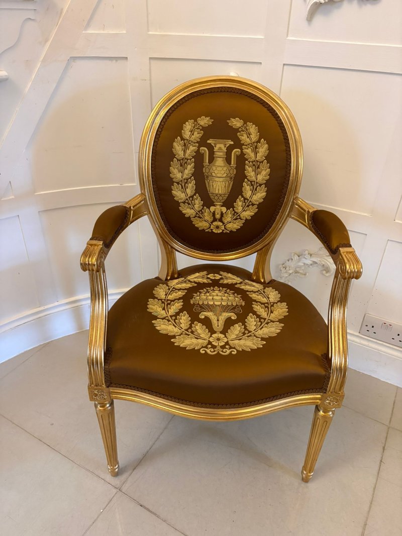 Large Rare Suite of 42 Matching Louis XVI Style Giltwood Dining Chairs with Silk Damask Upholstery - Image 14